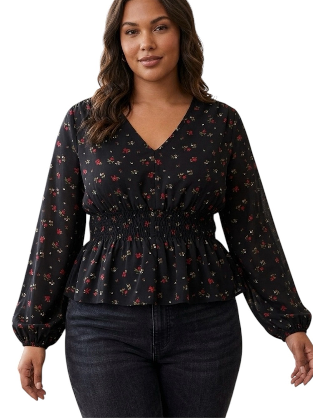 GAP Floral Print Smocked Peplum V Neck Long Puff Sleeve Top Size Xlarge